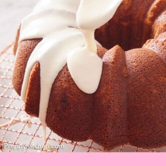 Pinterest graphic of icing spooned on to an eggnog cake.