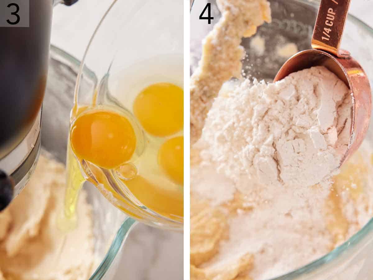 Set of two photos showing egg and dry mixture added to a mixer.