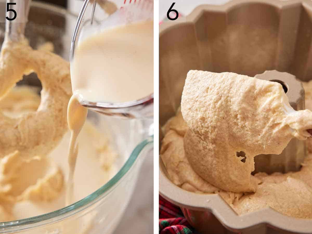 Set of two photos showing eggnog added to a mixer then the cake batter scooped into a caking pan.