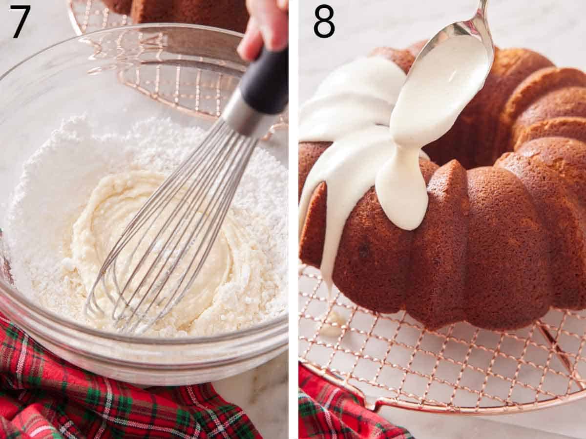 Set of two photos showing icing whisked in a bowl and spooned over the cooled cake on a cooling rack.
