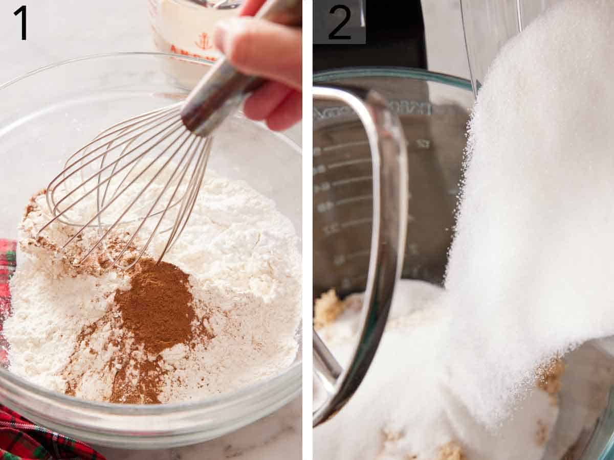 Set of two photos showing dry ingredients whisked together and sugar added to a mixer.