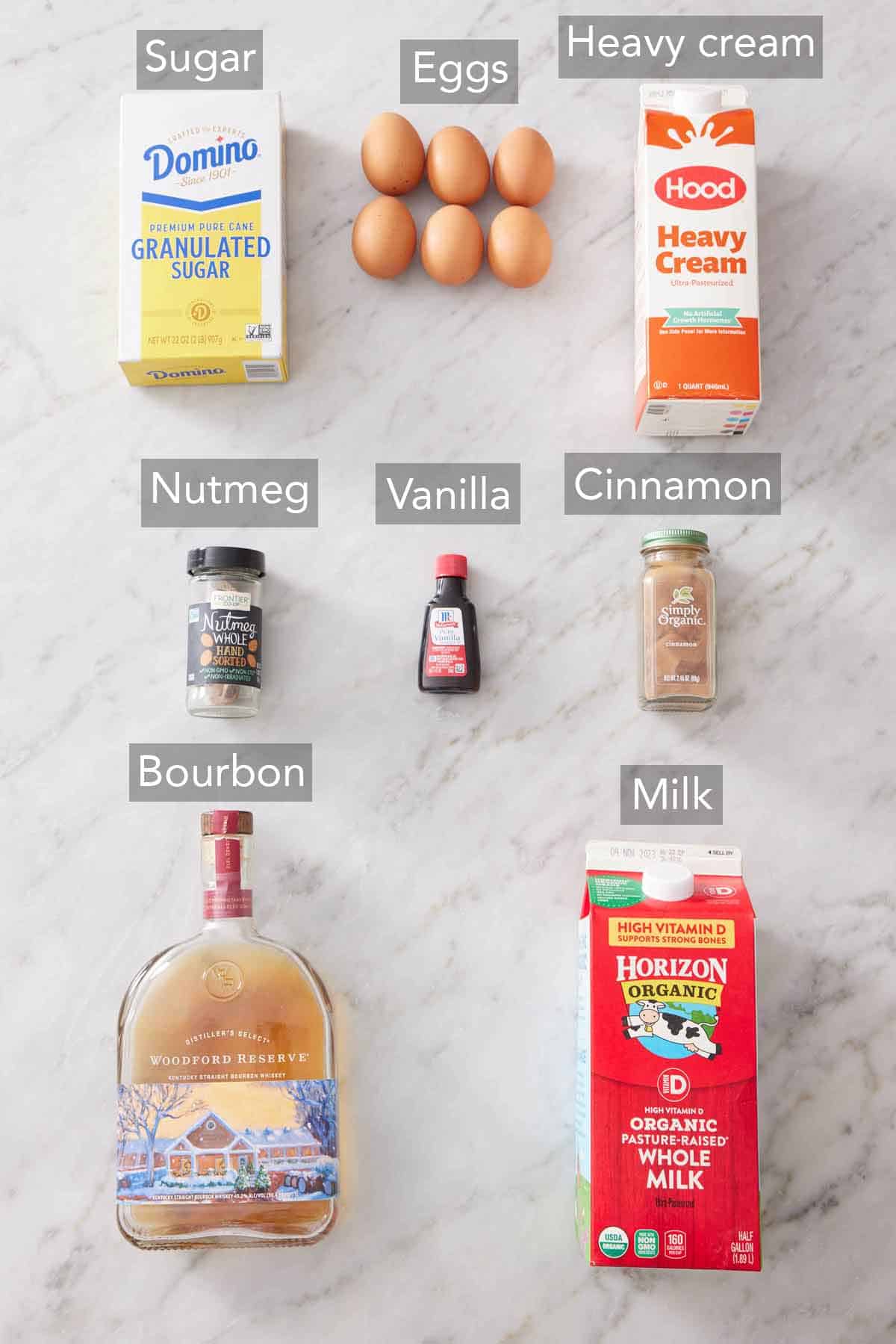 Ingredients needed to make eggnog.