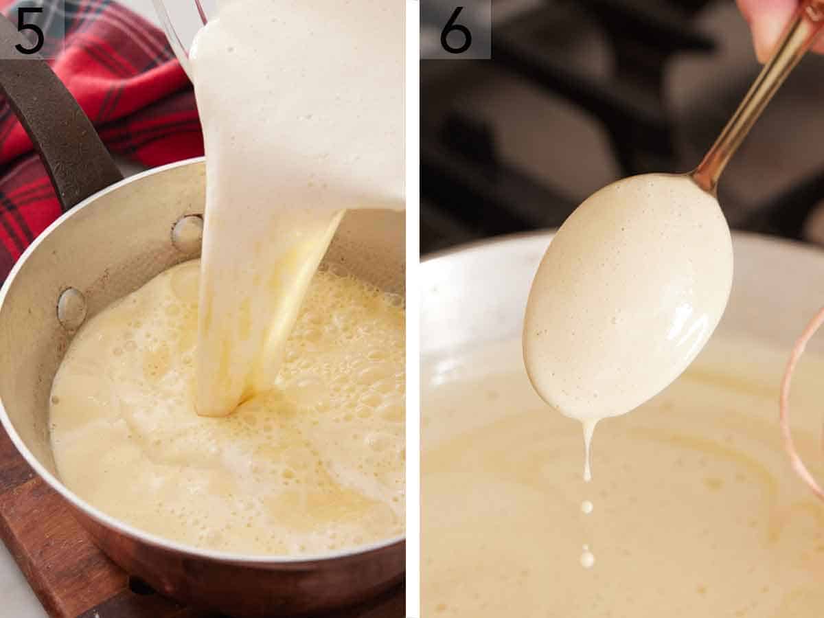 Set of two photos showing the mixture added to a saucepan and cook until thickened.