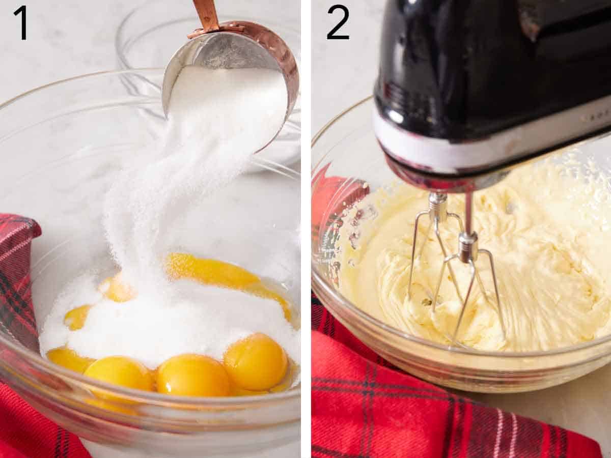 Set of two photos showing sugar added to eggs in a bowl and beaten together.