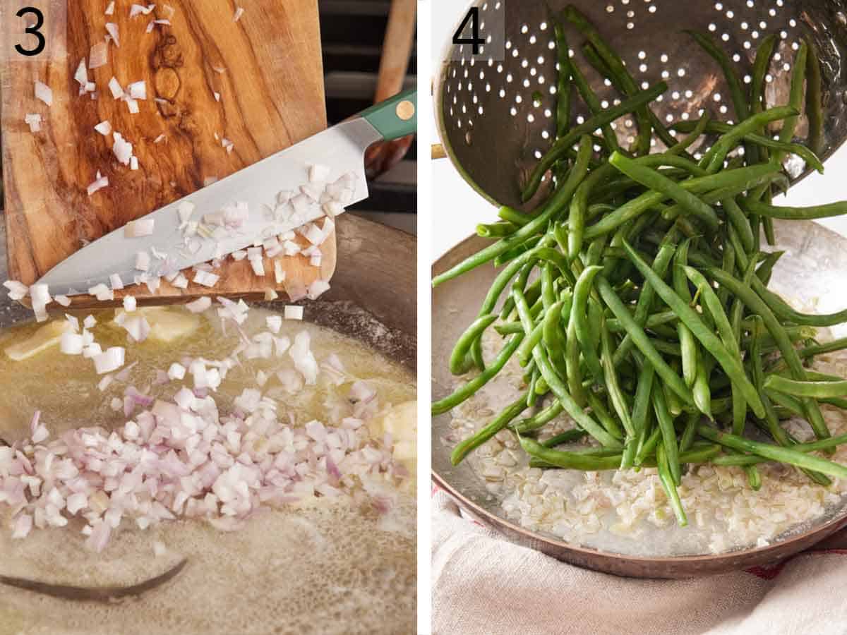 Set of two photos showing shallots and green beans added to a skillet.