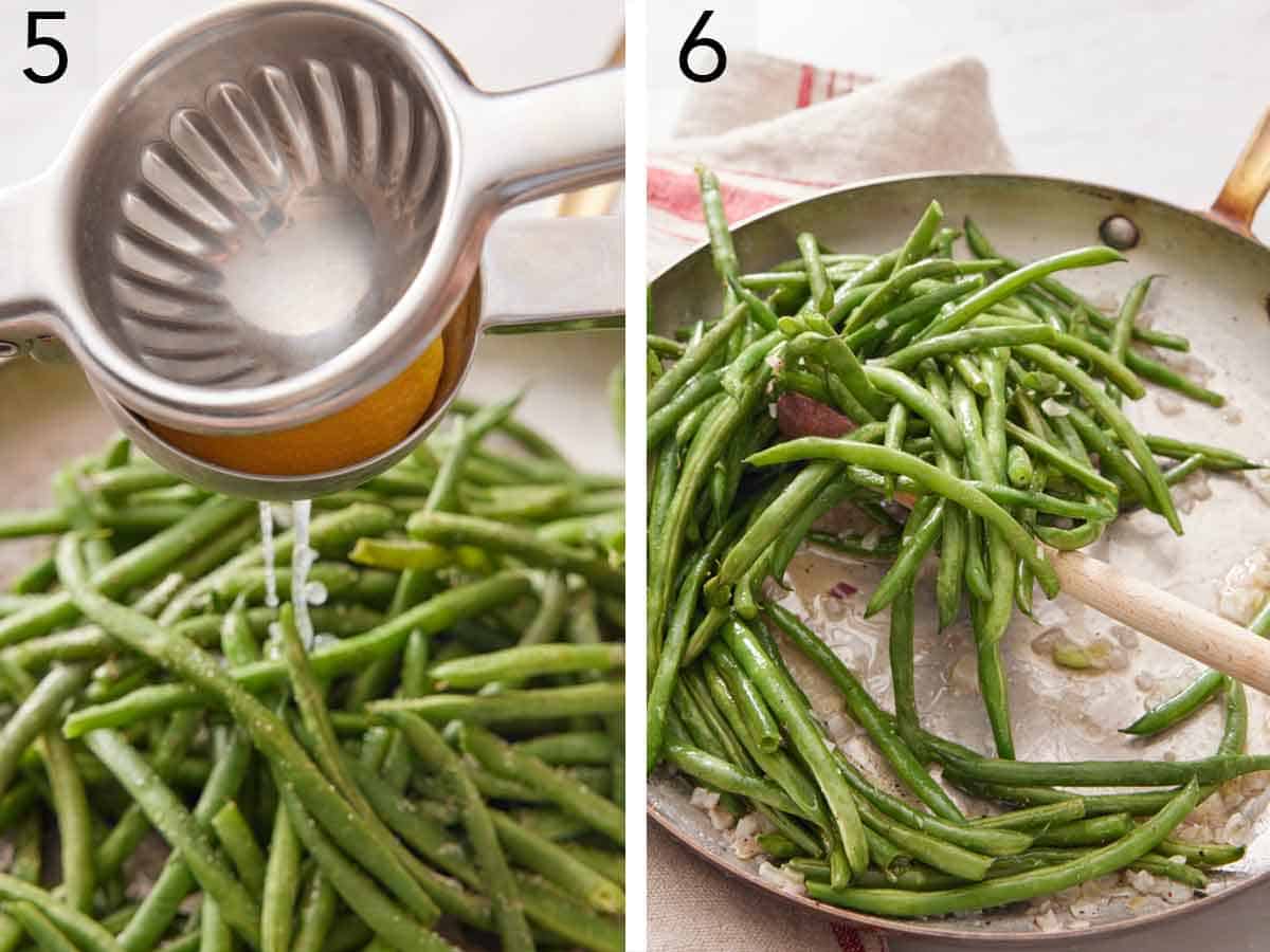 Set of two photos showing a lemon squeezed over green beans in a skillet and tossed to combine.
