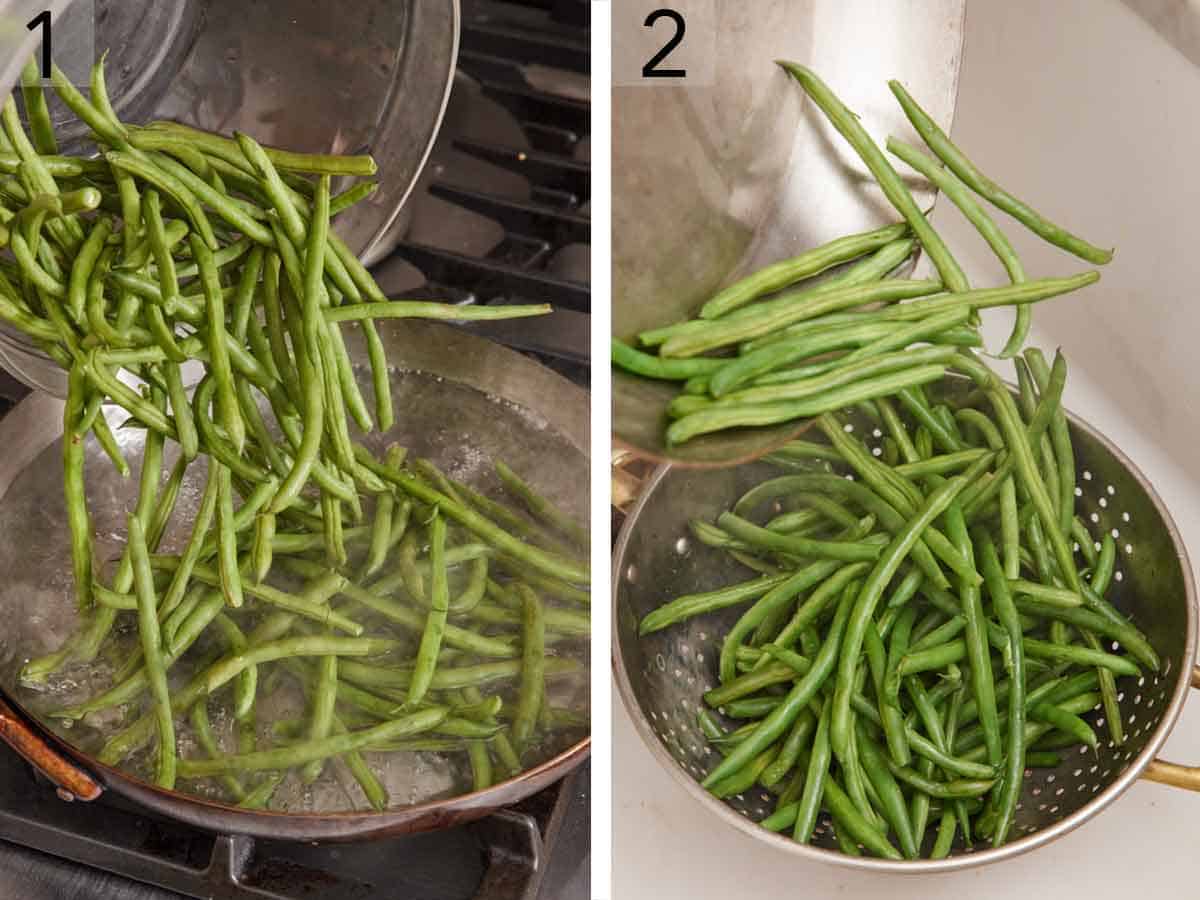 Set of two photos showing green beans blanched and drained.