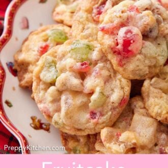 Pinterest graphic of a close up view of fruitcake cookies on a festive plate.
