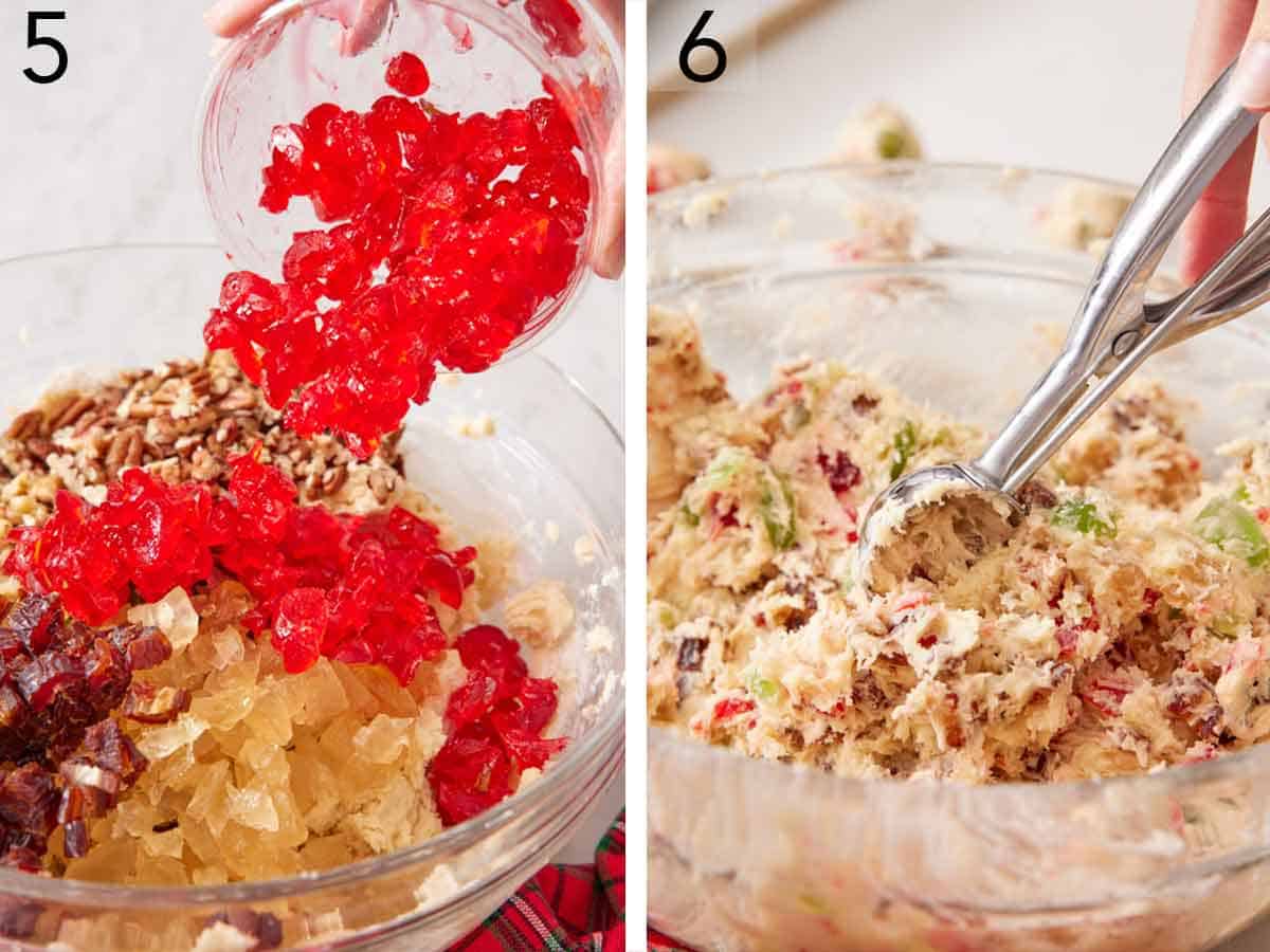 Set of two photos showing candied fruit and nuts added to the batter and combined.