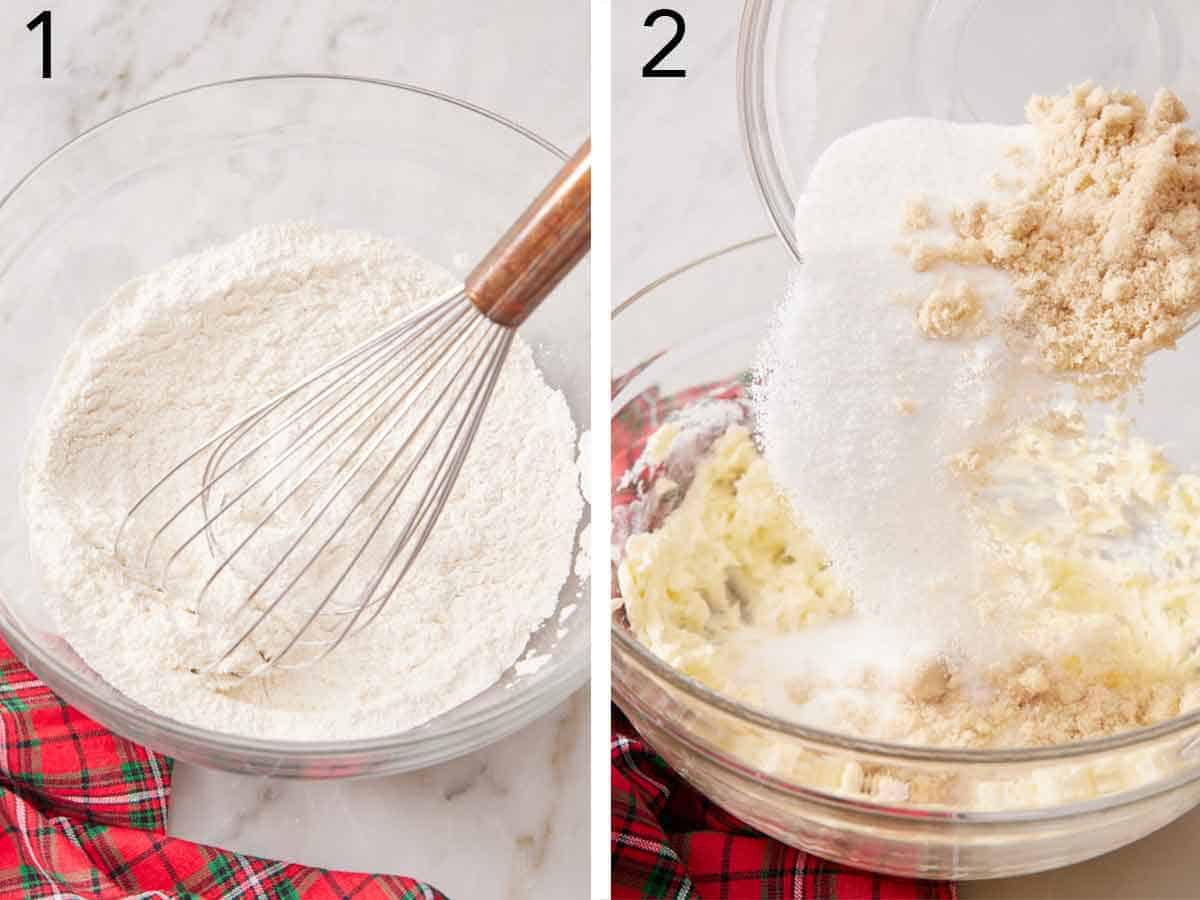 Set of two photos showing dry ingredients whisked together and sugars added to creamed butter.