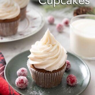 Pinterest graphic of a plate with a gingerbread cupcake topped with cream cheese frosting.