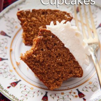 Pinterest graphic of a gingerbread cupcake cut in half with a fork beside it on a plate.
