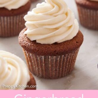 Pinterest graphic of a gingerbread cupcake topped with cream cheese frosting.