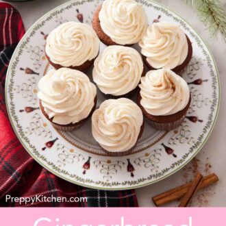 Pinterest graphic of an overhead view of a plate of 7 gingerbread cupcakes.
