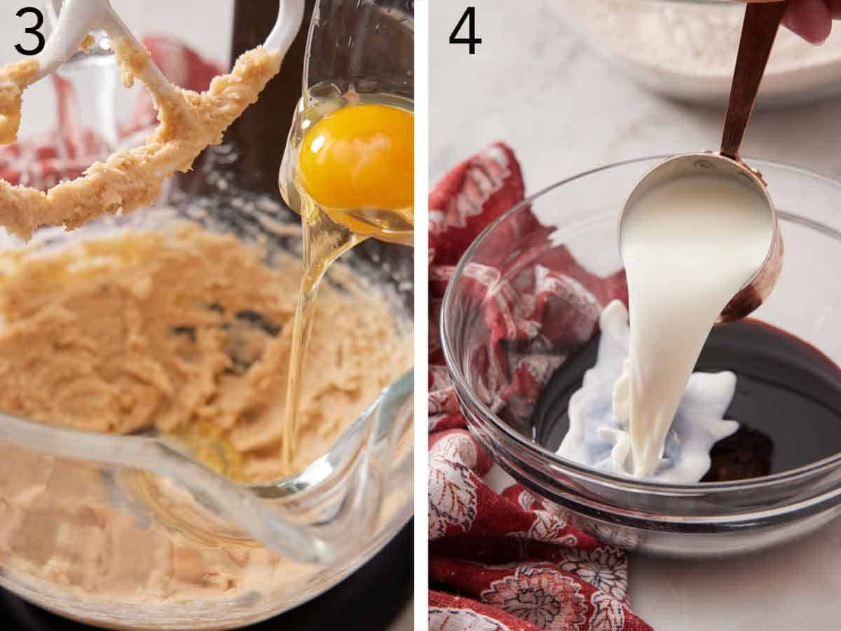 Set of two photos showing egg added to the creamed butter and milk added to a bowl of molasses.