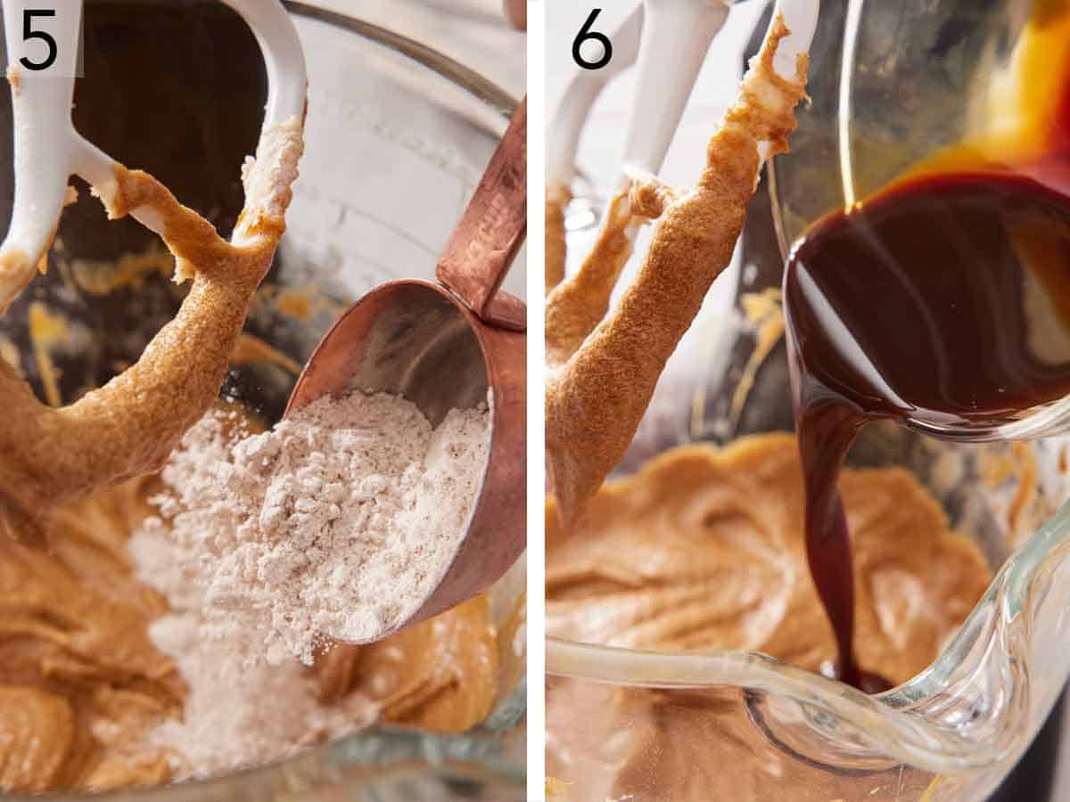 Set of two photos showing dry ingredients and wet ingredients added to the batter.