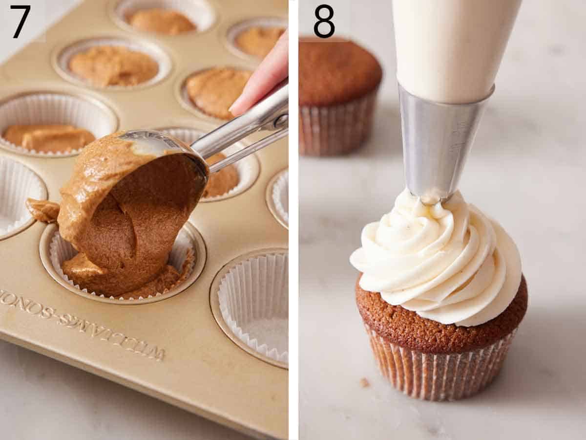 Set of two photos showing batter scooped into a muffin tin and topped with frosting.