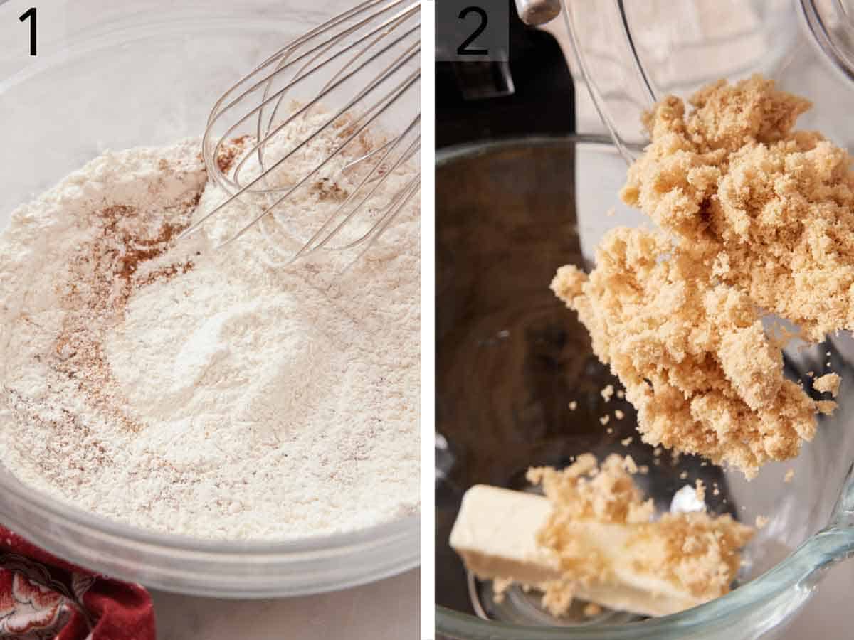 Set of two photos showing dry ingredients whisked together and sugar added to butter in a mixing bowl.