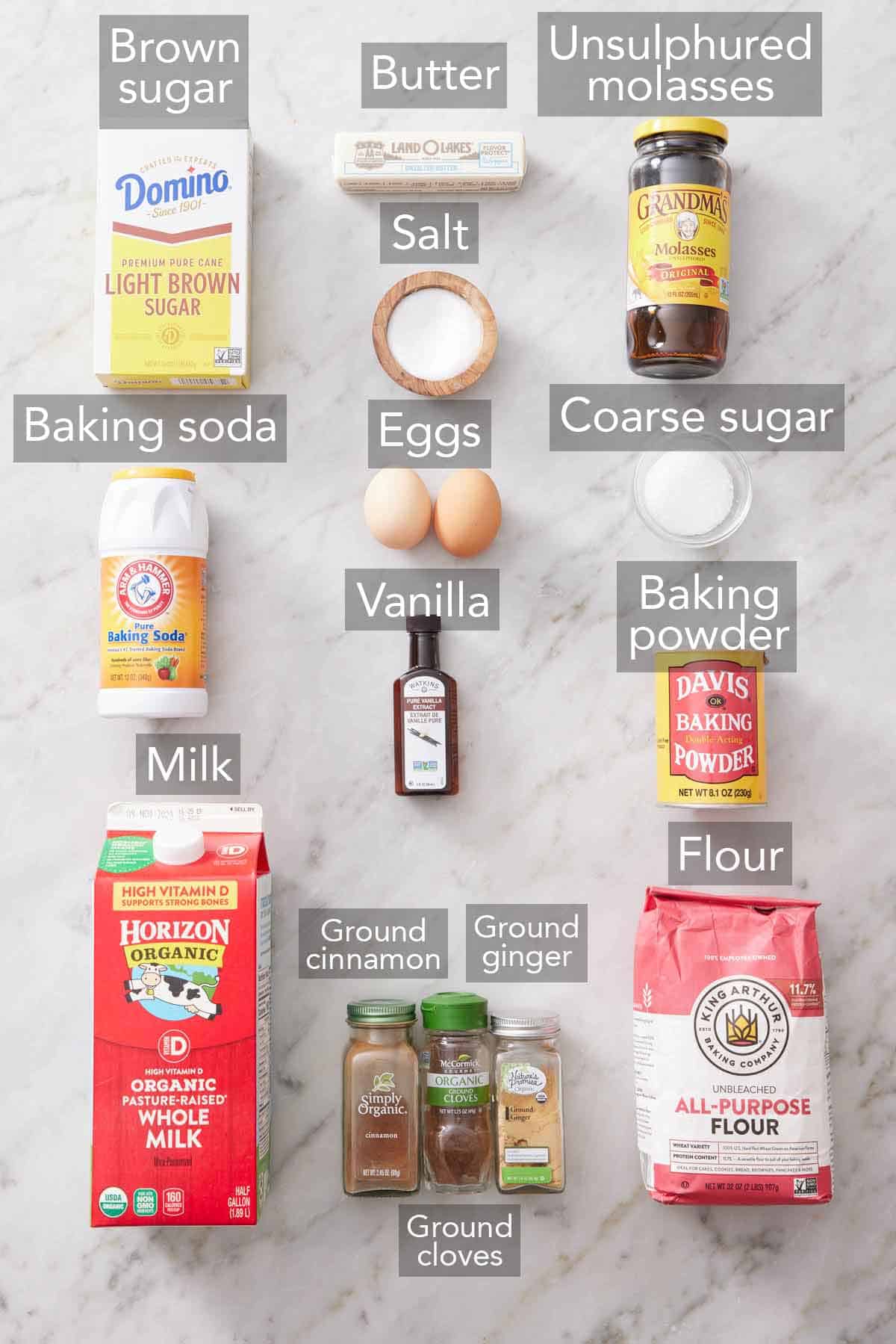 Ingredients needed to make gingerbread muffins.