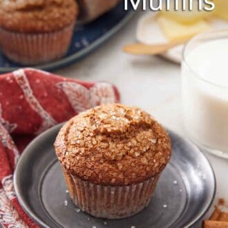 Pinterest graphic of a plate with a gingerbread muffins with a glass of milk and platter of more muffins in the background.