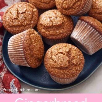 Pinterest graphic of a platter of gingerbread muffins with a linen napkin beside it.
