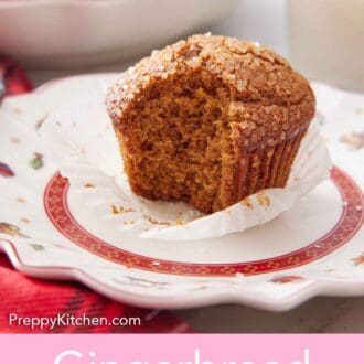 Pinterest graphic of a gingerbread muffin on a plate with a bite taken out.