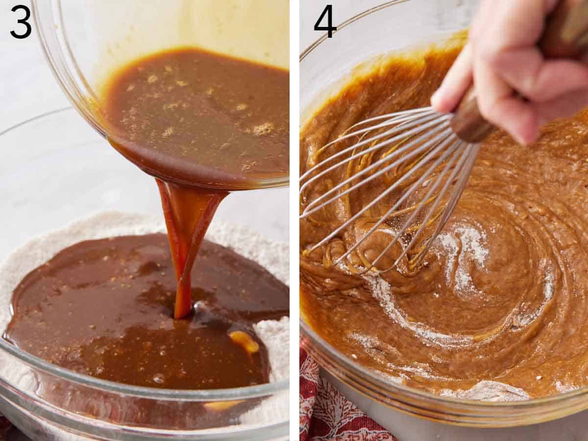 Set of two photos showing wet ingredients poured into dry ingredients and whisked.