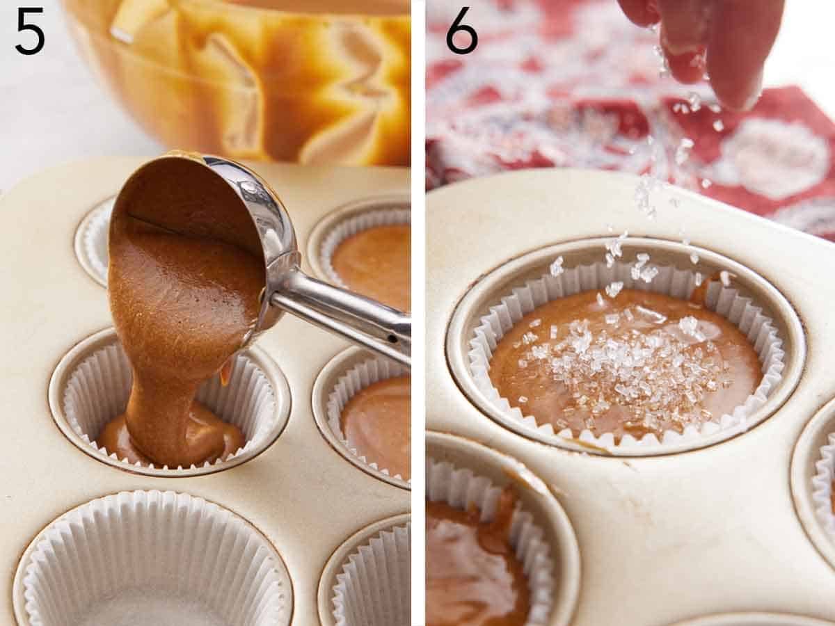 Set of two photos showing batter scooped into a lined tray and coarse sugar sprinkled on top.