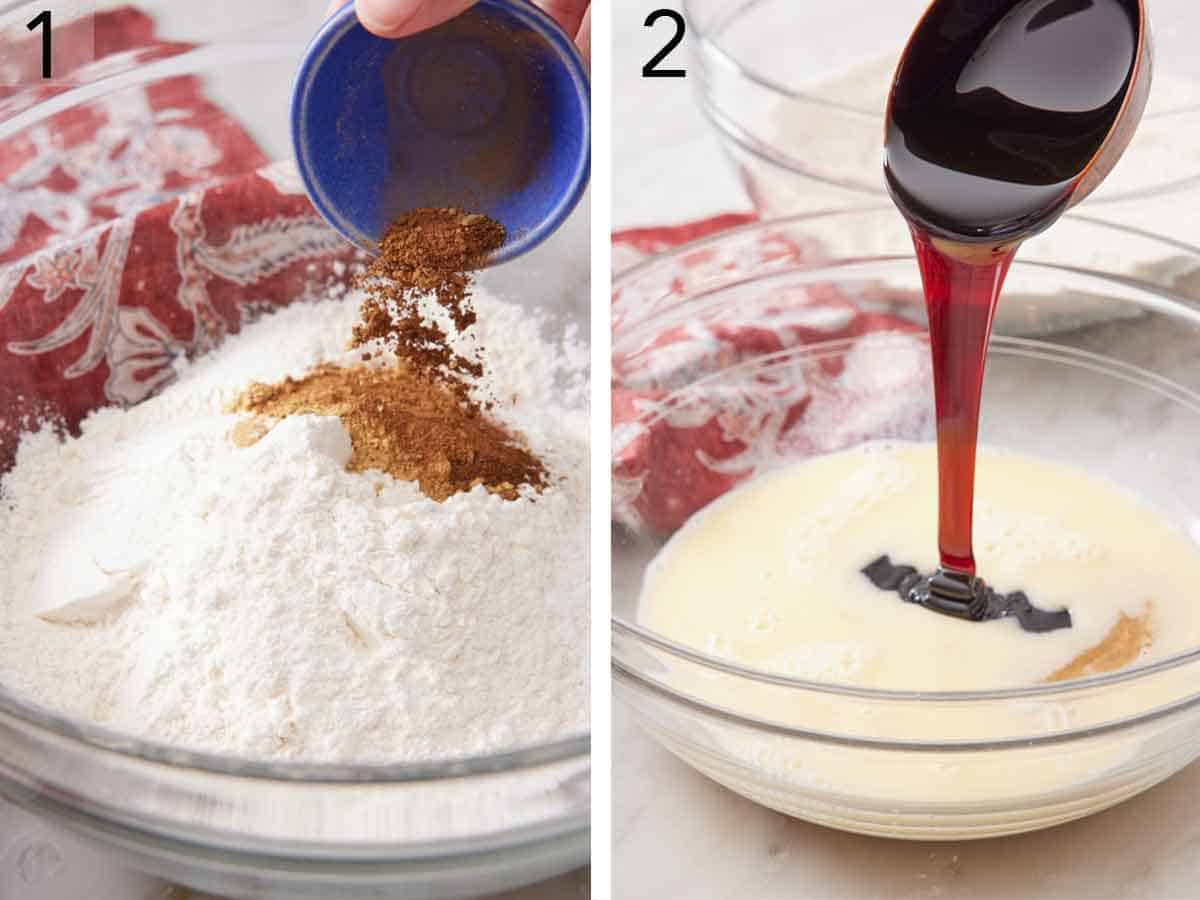 Set of two photos showing dry ingredients to a bowl and molasses added to a bowl of milk.