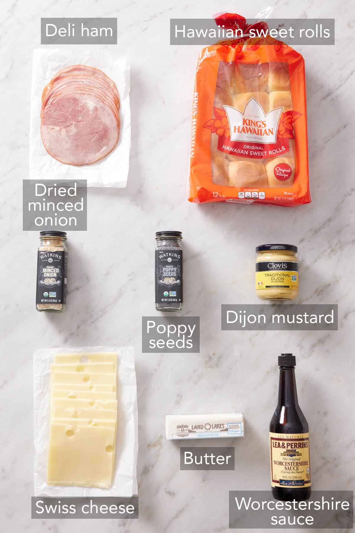 Ingredients needed to make ham and cheese sliders.