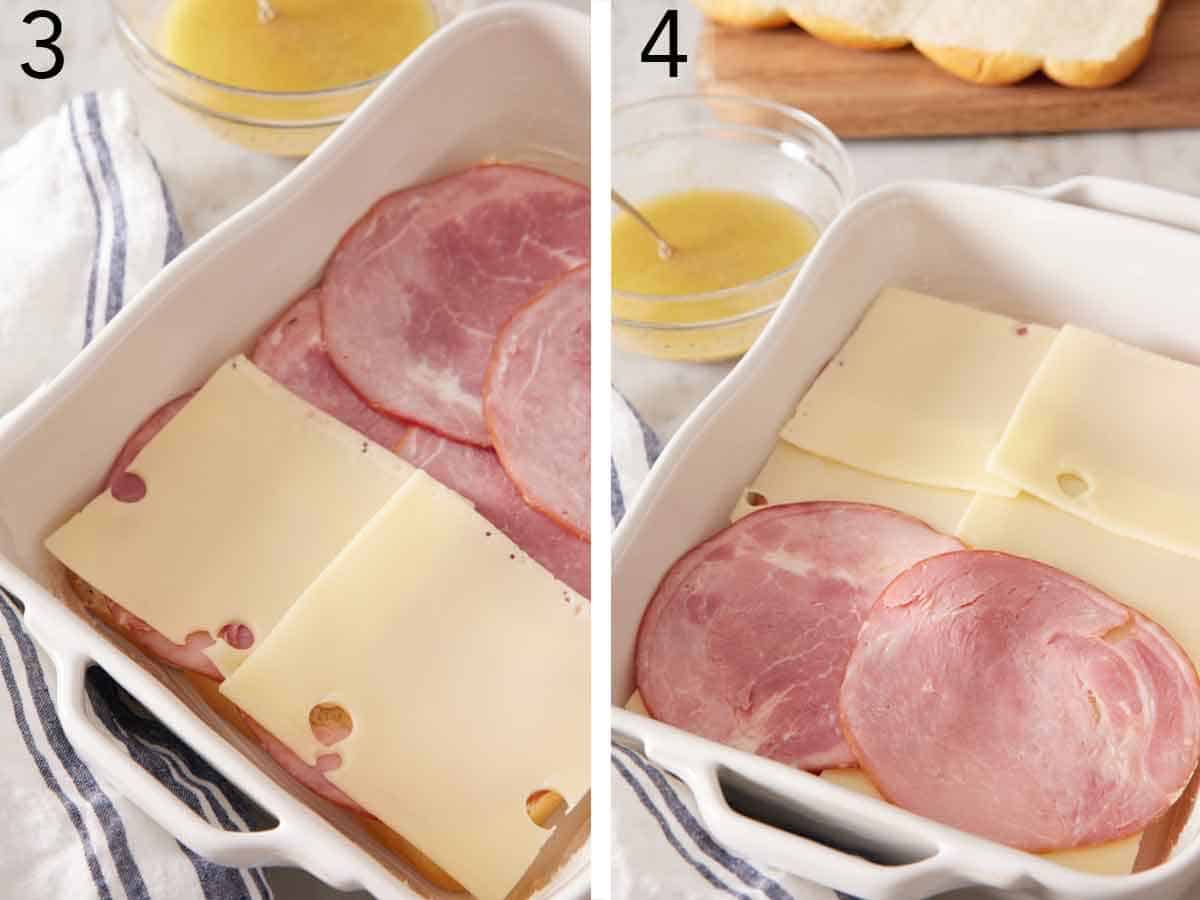Set of two photos showing deli ham and swiss cheese layered over the half the bread in a baking dish.