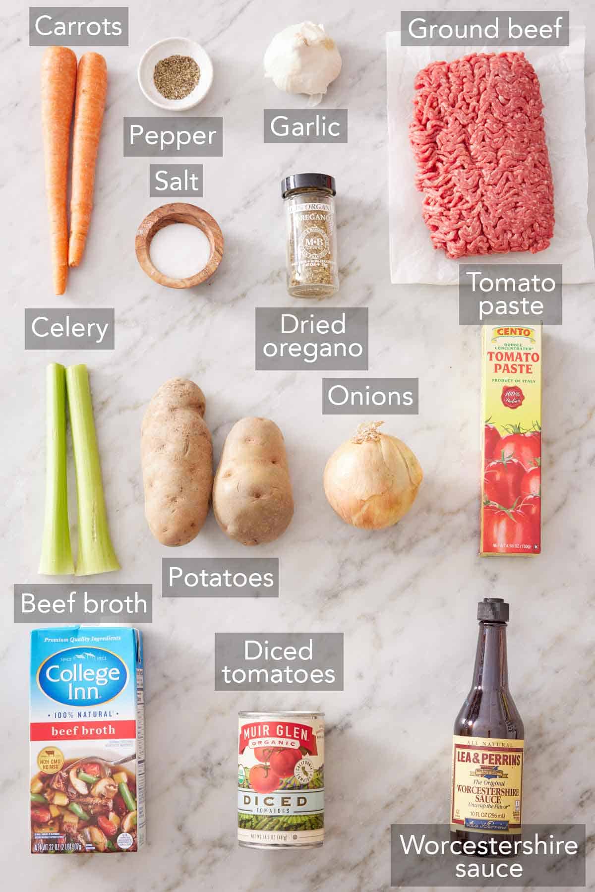 Ingredients needed to make hamburger soup.