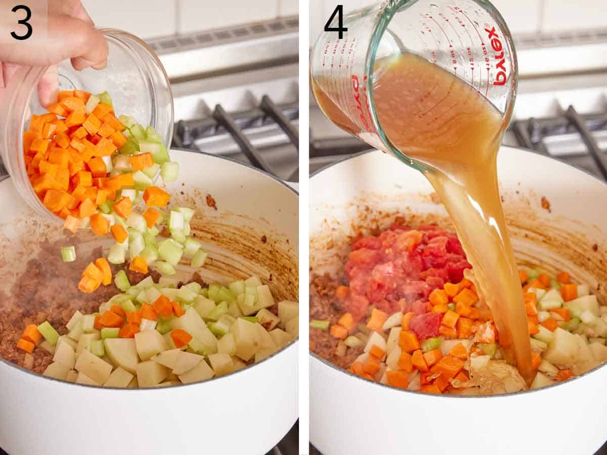Set of two photos showing potatoes, celery, carrots, and broth added to the pot.