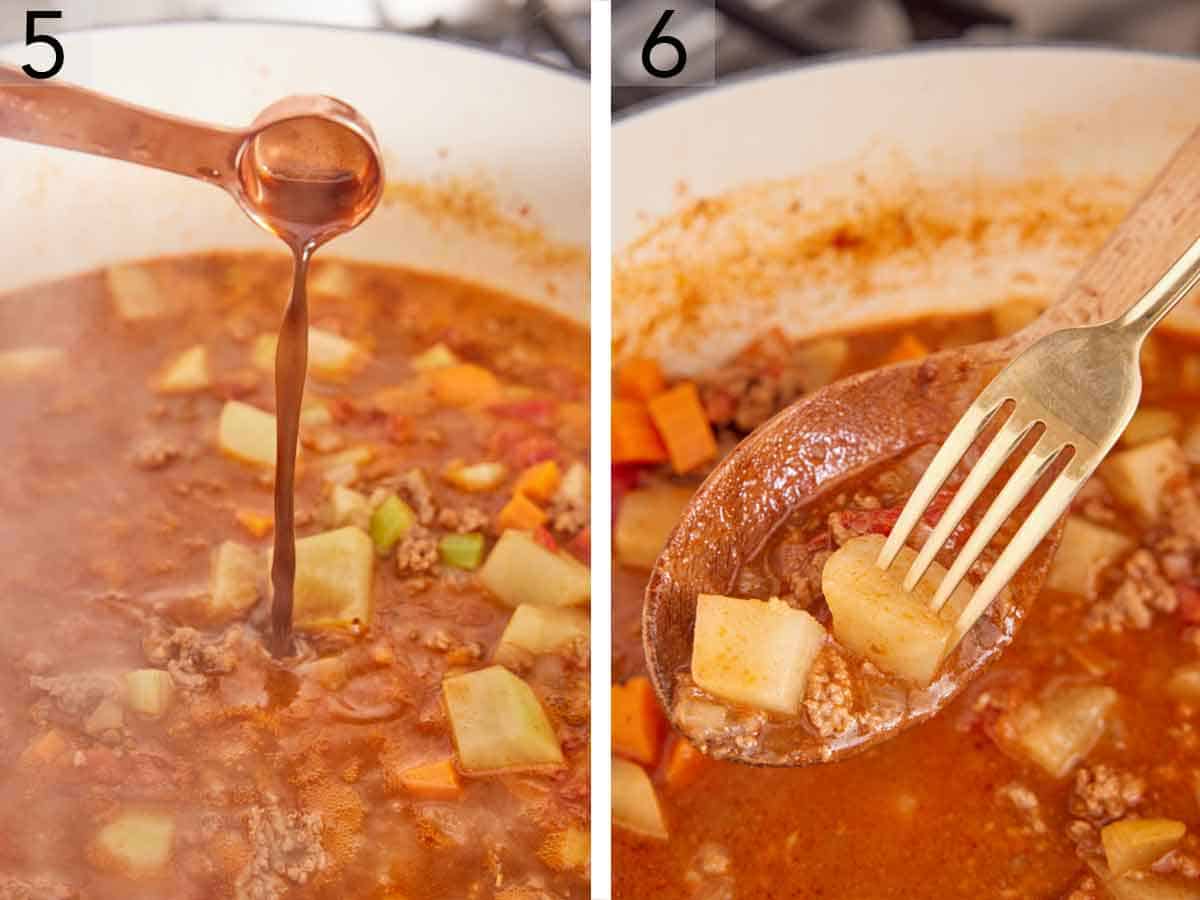 Set of two photos showing Worcestershire sauce added to the pot and a fork checking if a potato is fork-tender.