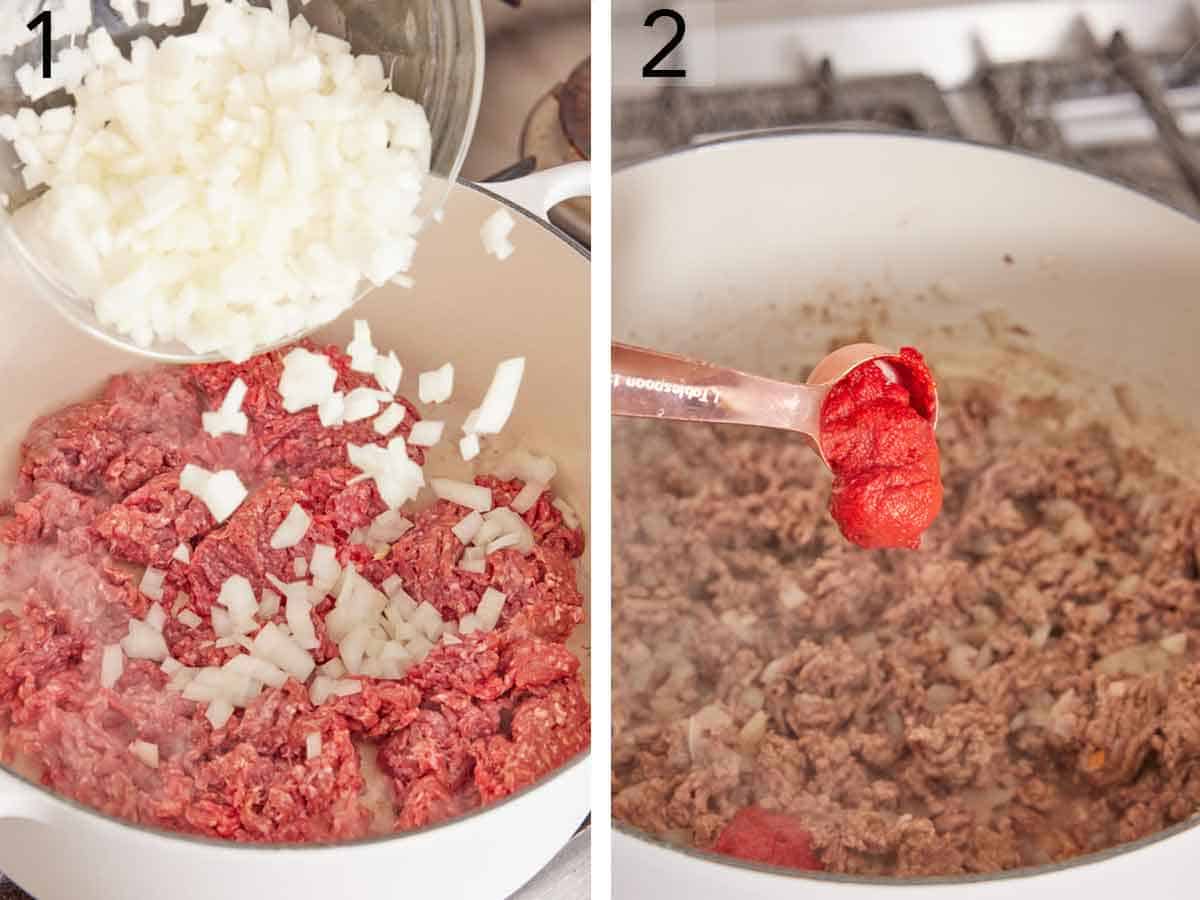 Set of two photos showing diced onions added to a pot of ground beef then tomato paste added.