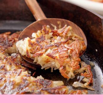 Pinterest graphic of a wooden spoon lifting hash browns off a cast iron skillet.
