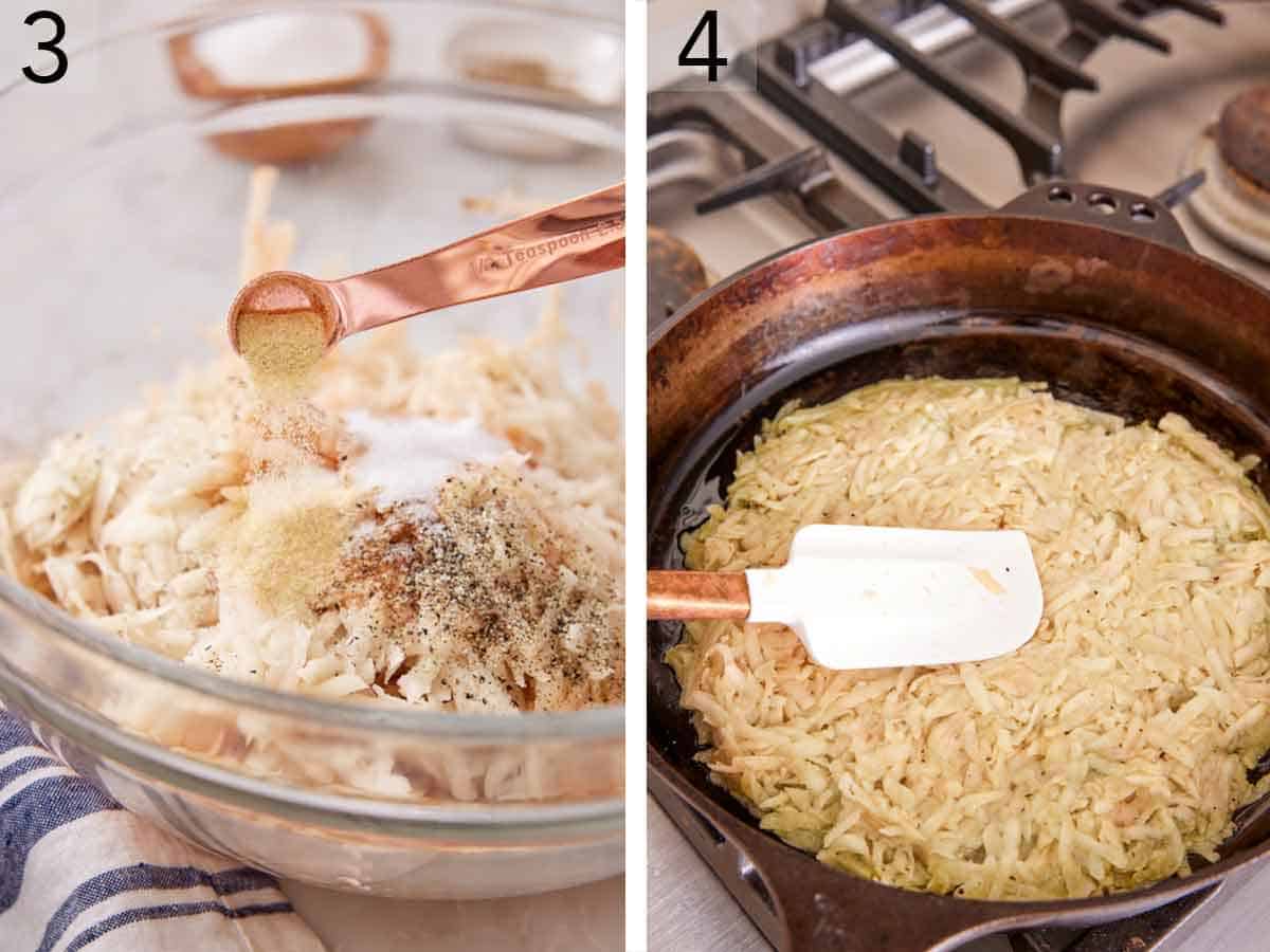 Set of two photos showing grated potatoes seasoned and cooked in a cast iron skillet.
