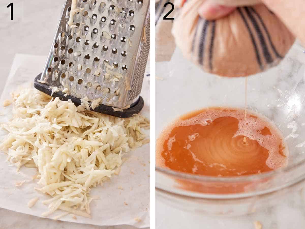 Set of two photos showing potato grated and liquid squeezed out.