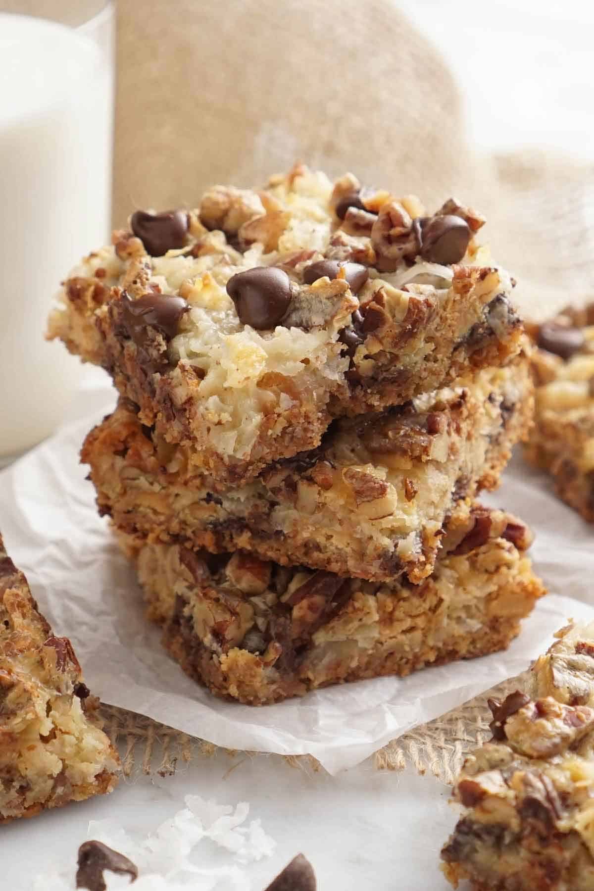 A stack of three magic cookie bars.