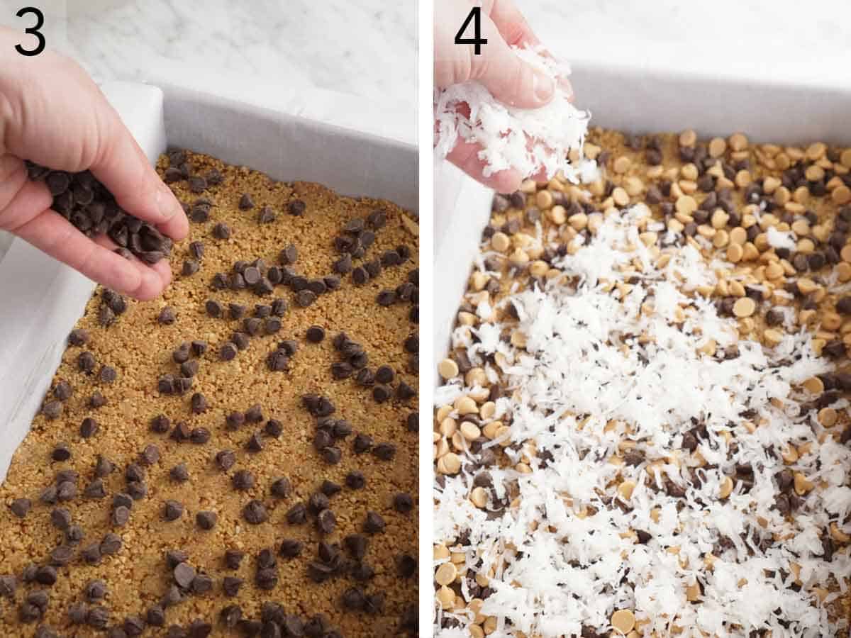 Set of two photos showing chocolate chips and shredded coconut added to the crust in a baking pan.