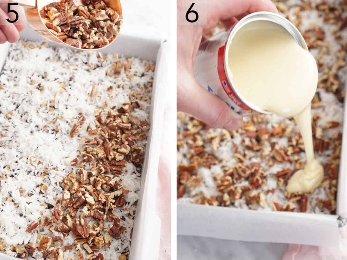 Set of two photos showing pecans and condensed milk added to the pan.