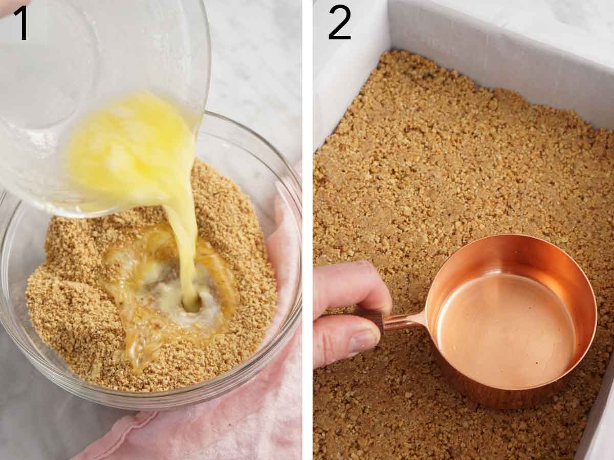 Set of two photos showing butter added to graham cracker crumbs then pressed into a baking pan.