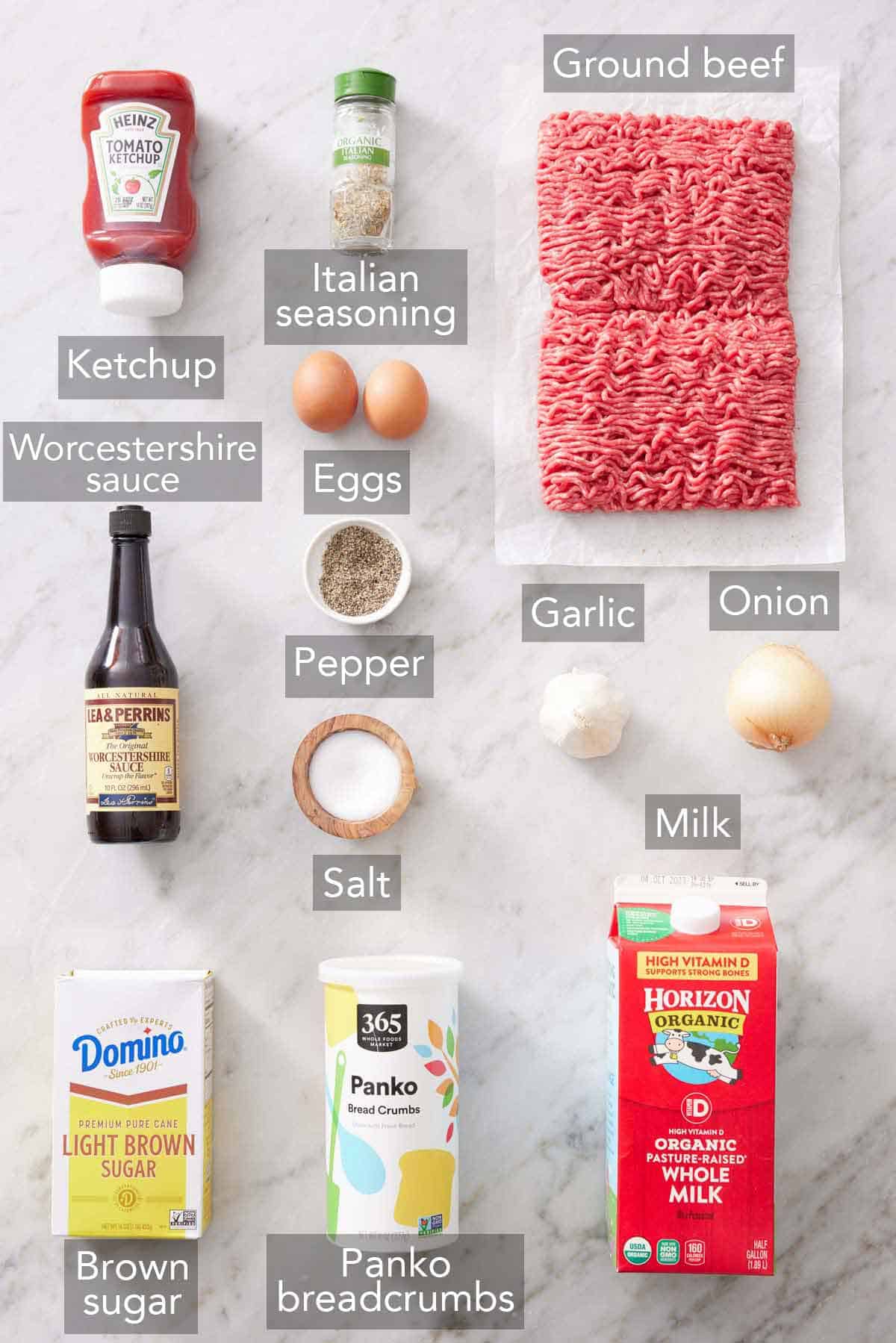 Ingredients needed to make meatloaf.