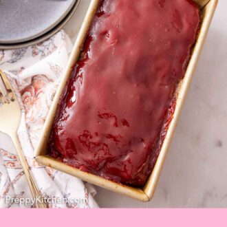Pinterest graphic of an overhead view of a meatloaf in a baking pan.