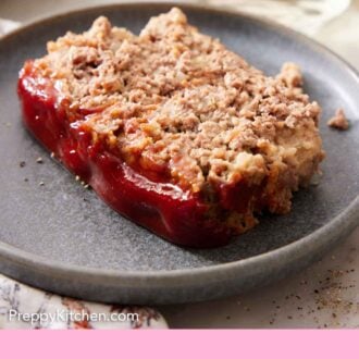 Pinterest graphic of a slice of meatloaf on a plate.
