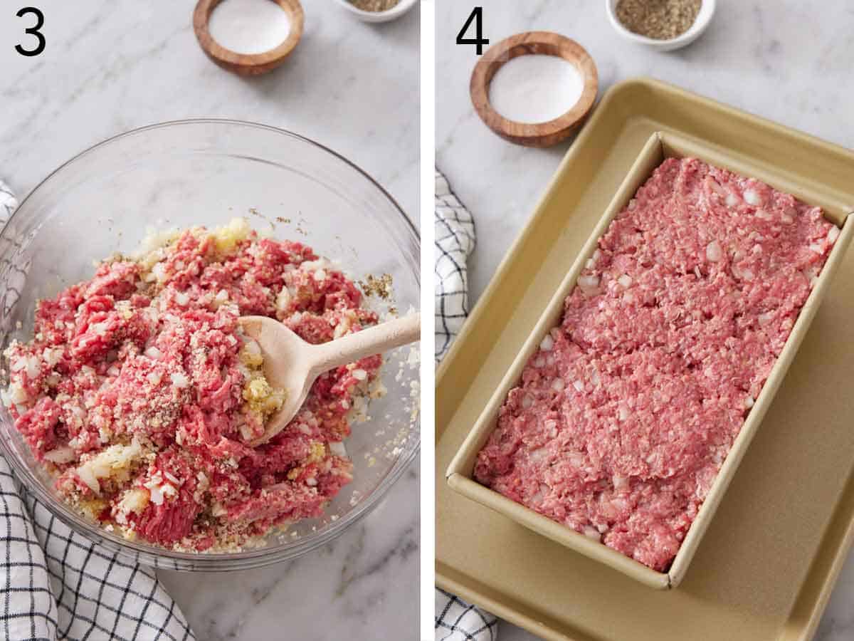 Set of two photos showing meat mixture stirred and transferred into a baking dish.