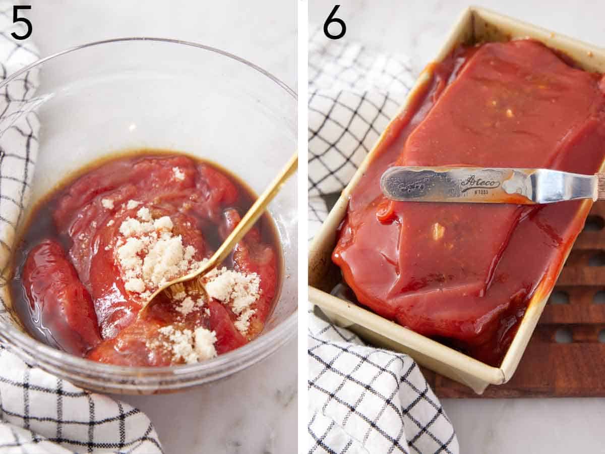 Set of two photos showing sauce mixed in a bowl and spread over the meatloaf.