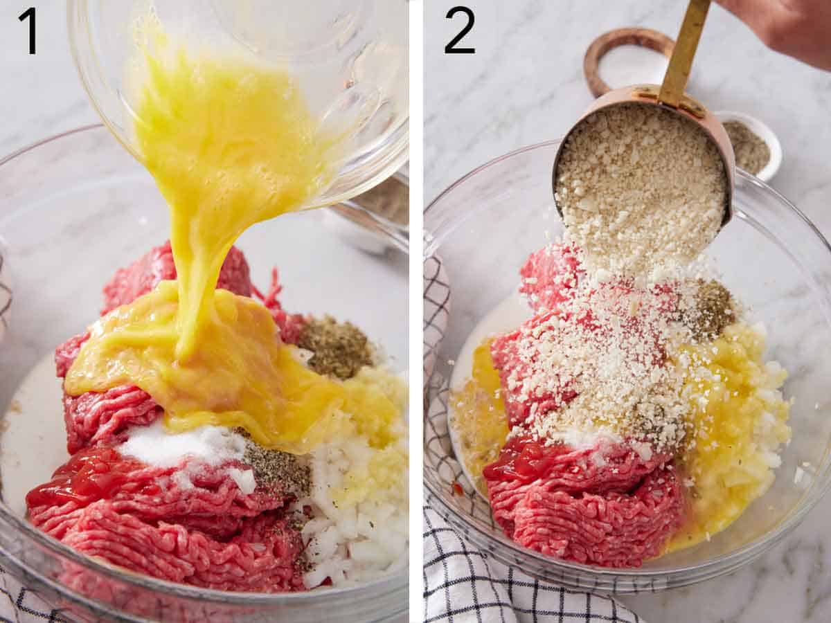 Set of two photos showing beaten eggs and breadcrumbs added to a bowl of beef, onions, and seasoning.