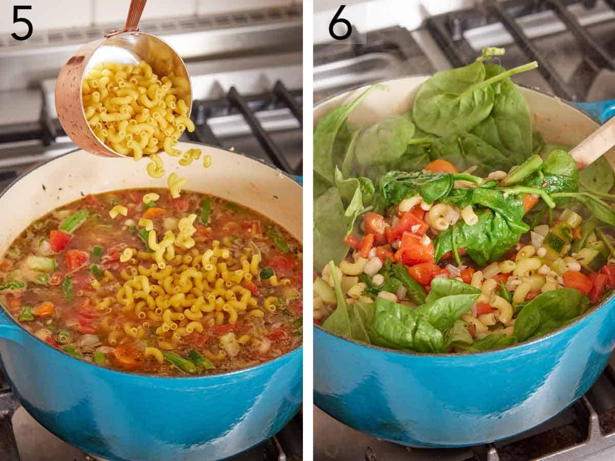 Set of two photos showing pasta and spinach added to the pot of soup.