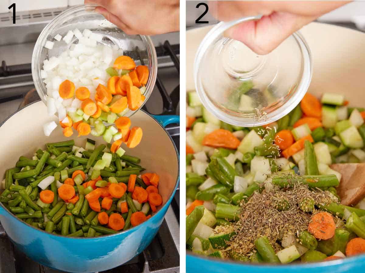 Set of two photos showing vegetables and dried seasoning added to a pot.